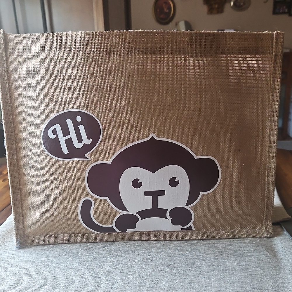 Monkey Print Jute Tote Bag.  New.